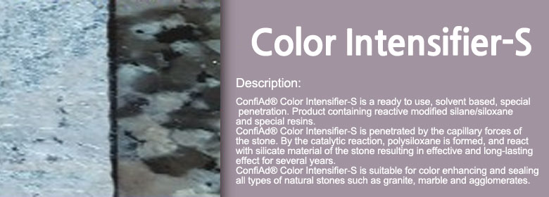 ConfiAd® Color Intensifier-S is a ready to use, solvent based, special penetration. Product containing reactive modified silane/siloxane and special resins. ConfiAd® Color Intensifier-S is penetrated by the capillary forces of the stone. By the catalytic reaction, polysiloxane is formed, and react with silicate material of the stone resulting in effective and long-lasting effect for several years. ConfiAd® Color Intensifier-S is suitable for color enhancing and sealing all types of natural stones such as granite, marble and agglomerates.