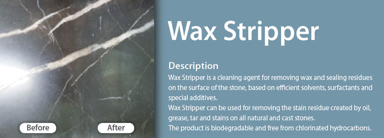 Wax Stripper is a cleaning agent for removing wax and sealing residues on the surface of the stone, based on efficient solvents, surfactants and special additives. Wax Stripper can be used for removing the stain residue created by oil, grease, tar and stains on all natural and cast stones. The product is biodegradable and free from chlorinated hydrocarbons.